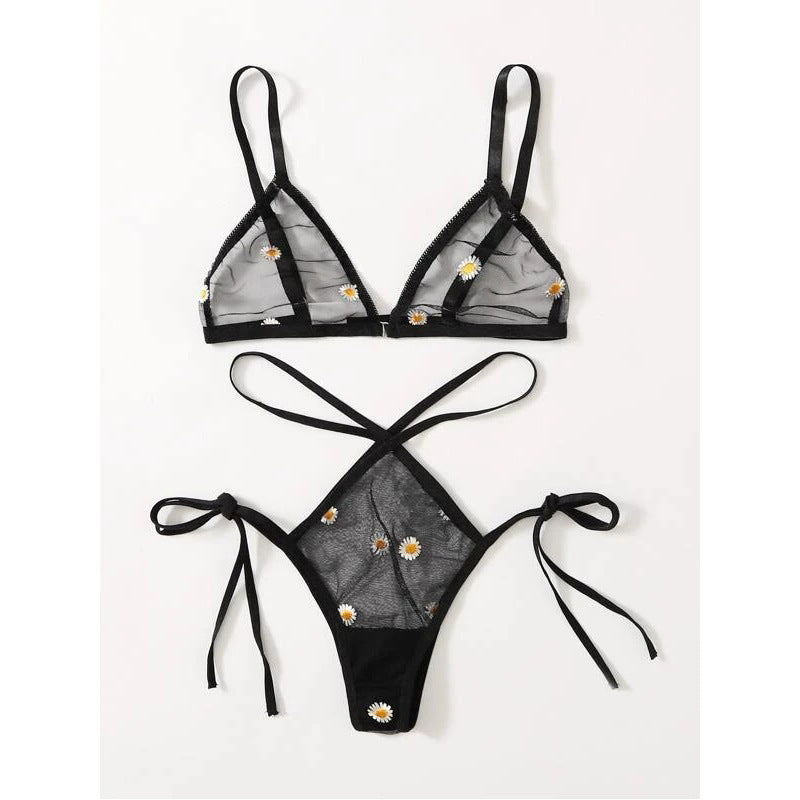 Daisy Embroidered Sexy Lingerie Set Sexy Temptation See Through Bikini